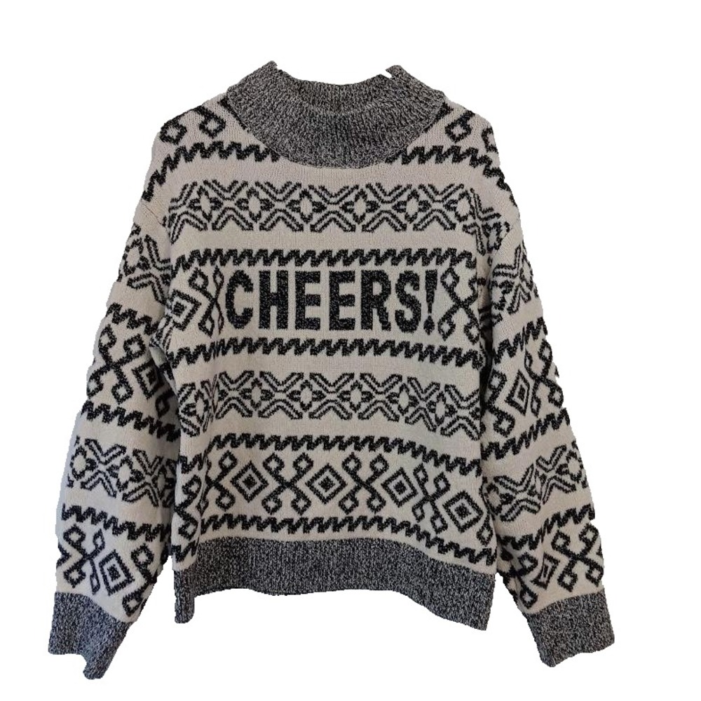A New Day Sweater Womens Medium Black White Mock Neck Cheers Fair Isle Knit